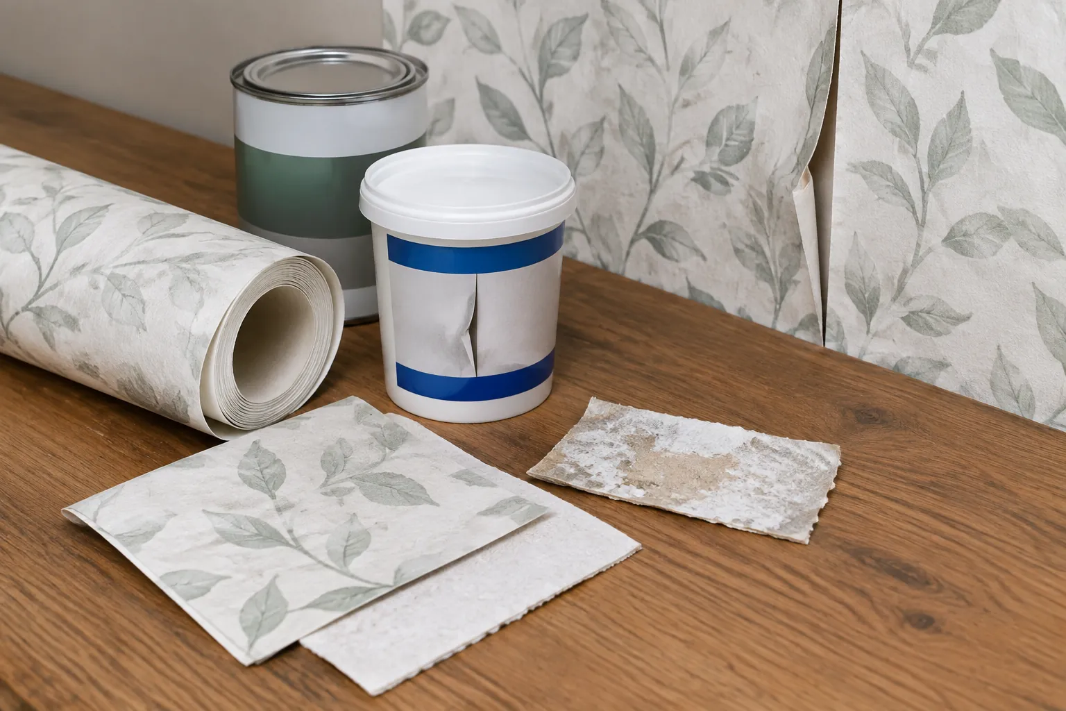 Gulungan wallpaper, bahan perekat, dan sampel motif di meja