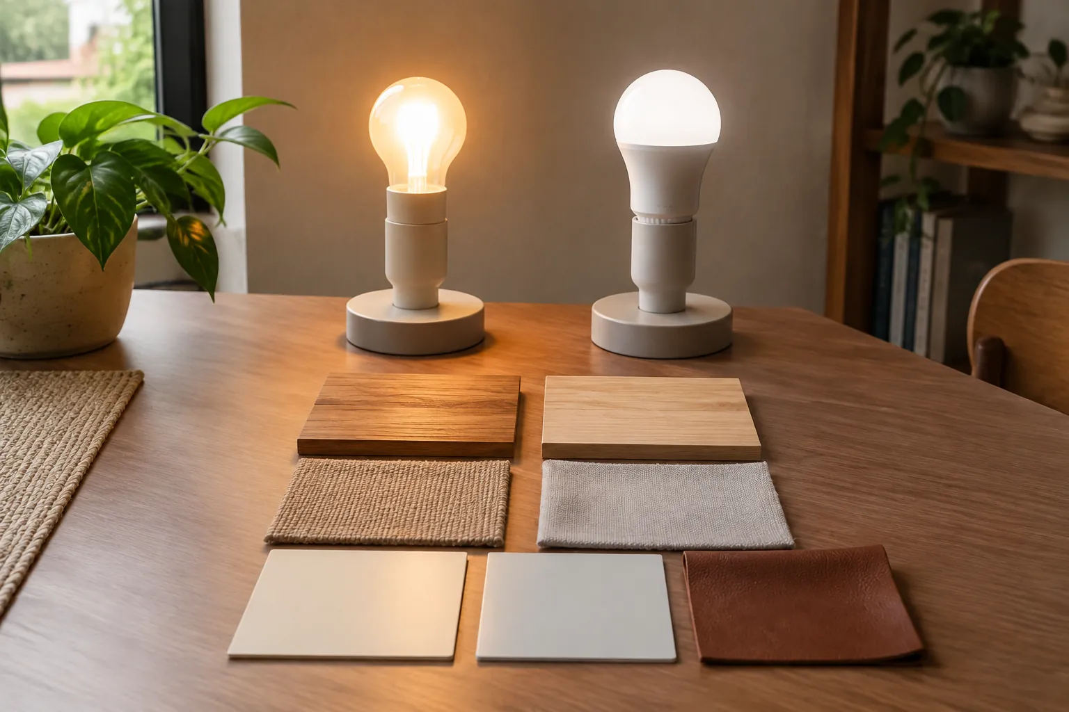Lampu putih dan kuning di atas contoh warna bahan