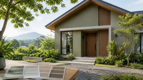 Rumah kecil dengan pohon dan sampel warna di halaman