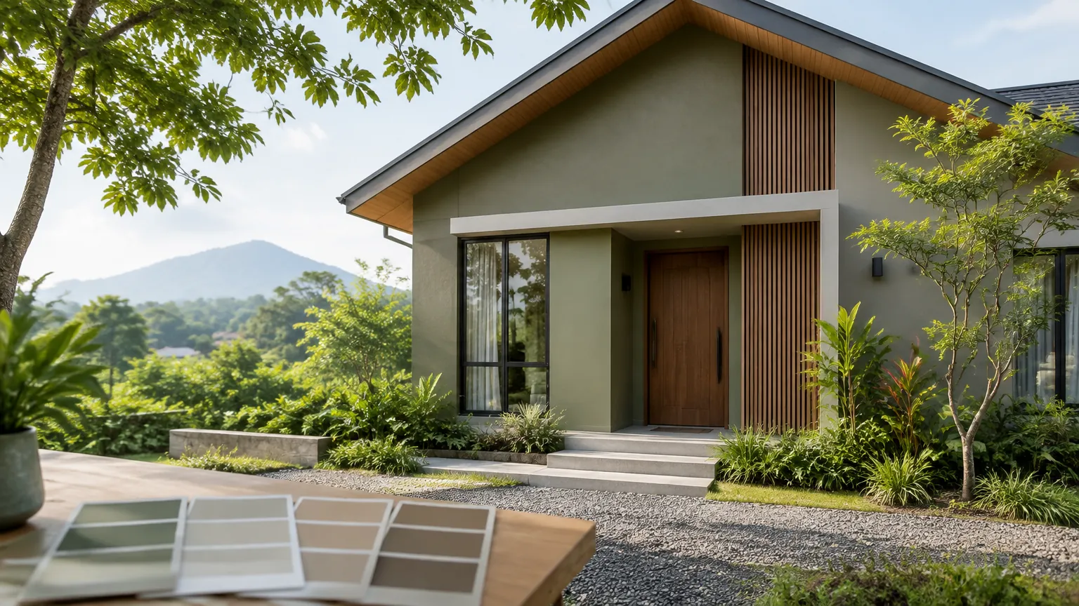 Rumah kecil dengan pohon dan sampel warna di halaman