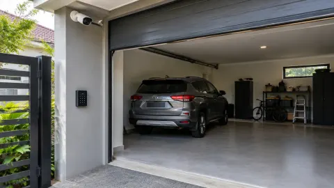 Garasi rumah terbuka dengan mobil dan perangkat di dekat pintu