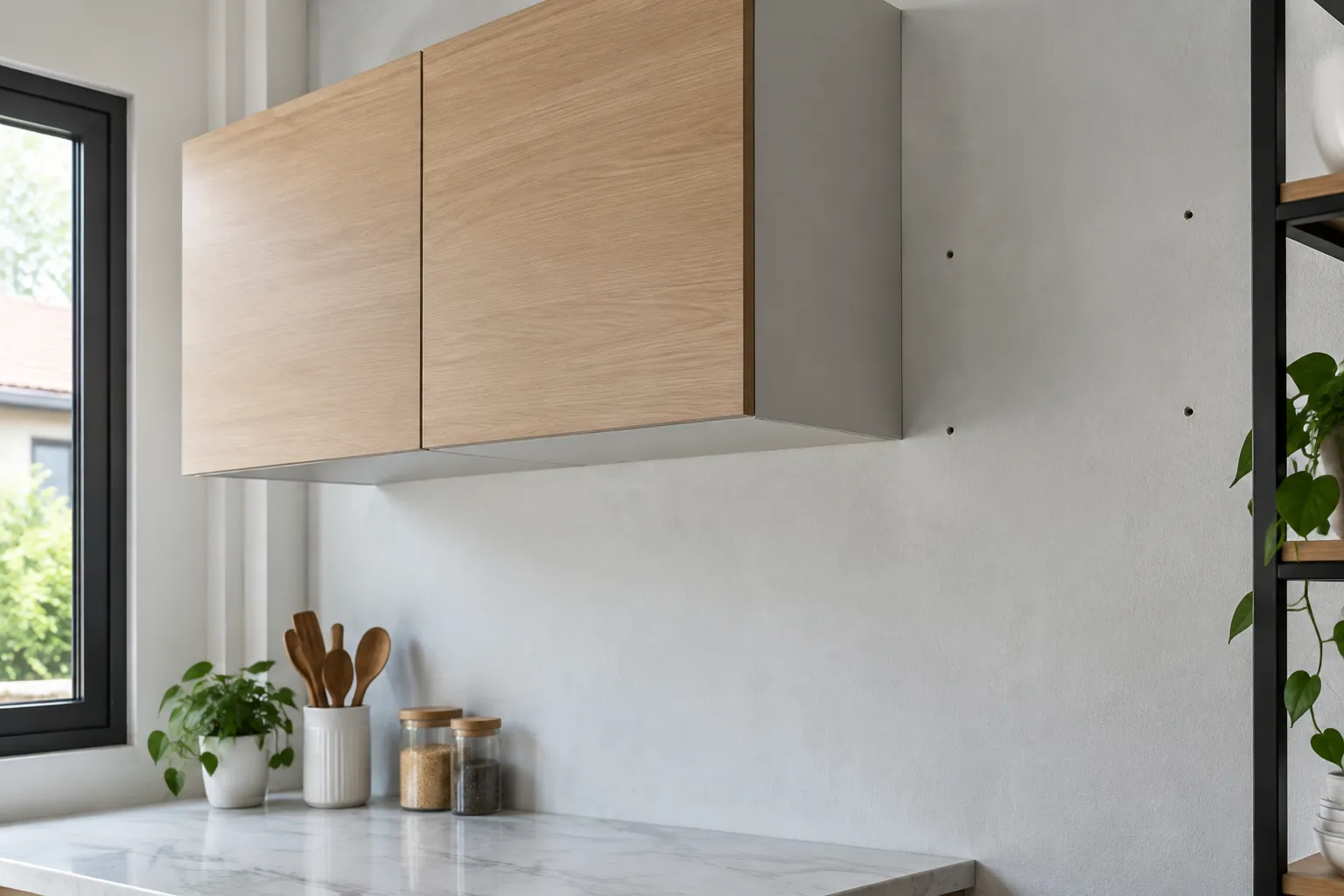 Kabinet dapur terpasang di dekat dinding polos