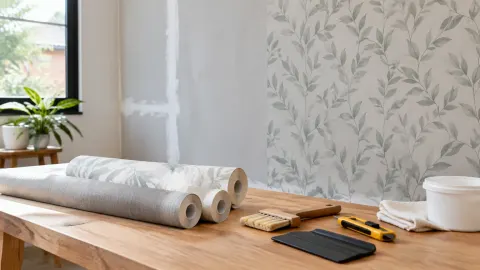 Gulungan wallpaper dan alat pemasangan di depan dinding bermotif daun