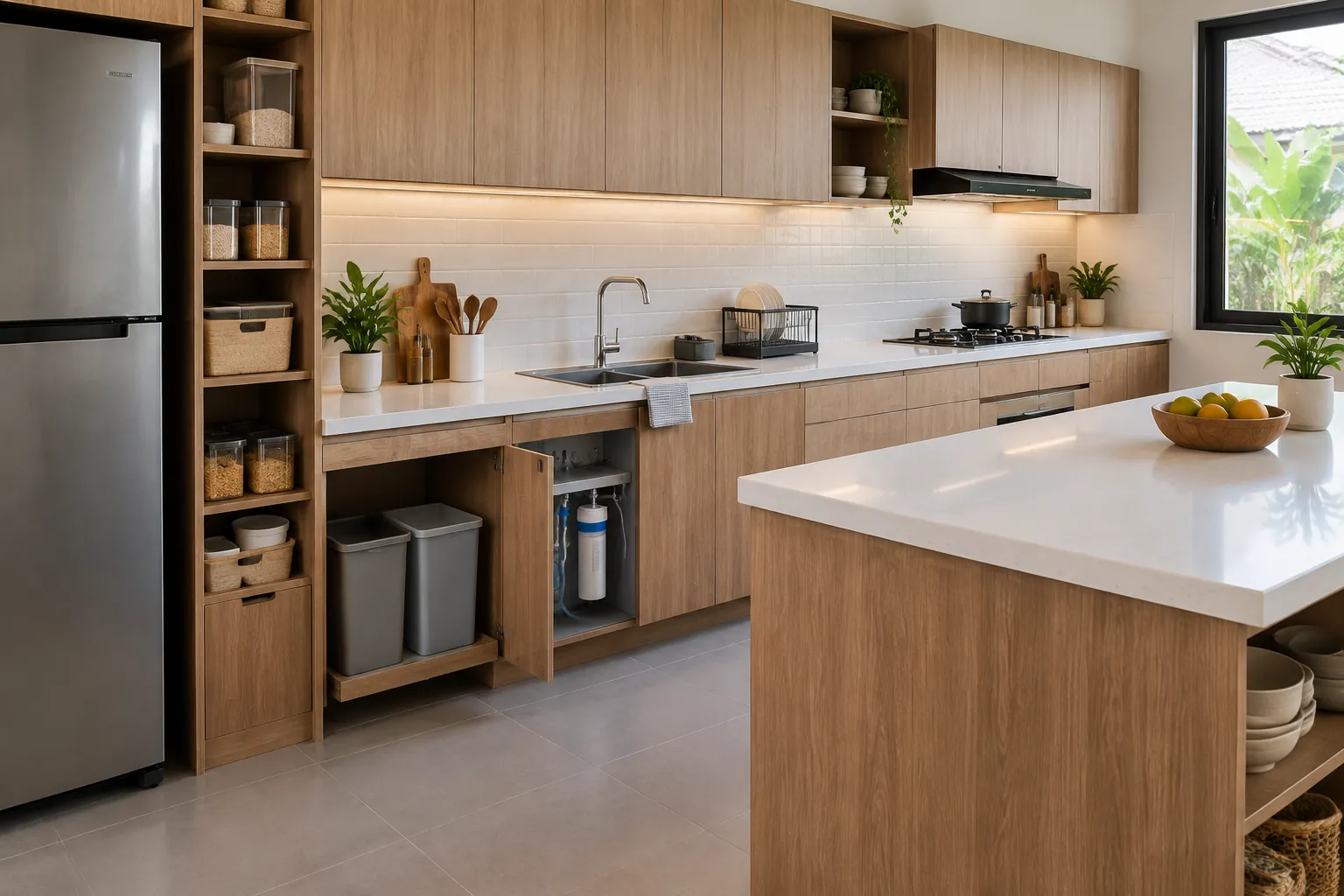 Dapur dengan rak simpan dan peralatan di sekitar meja tengah