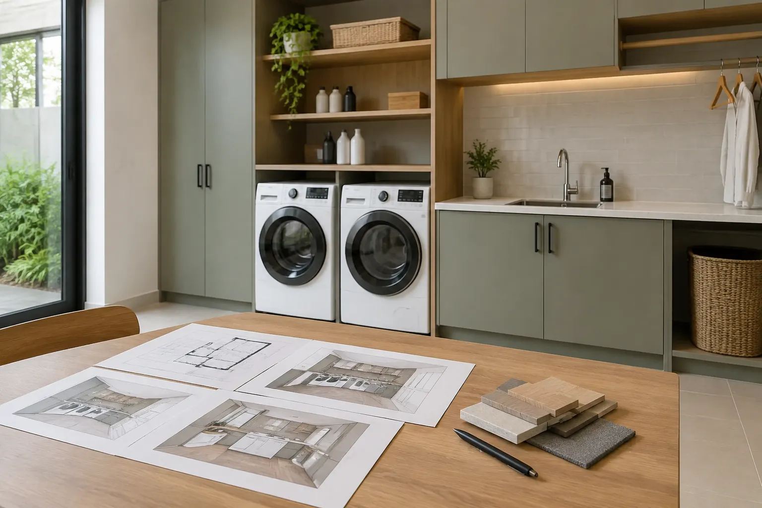 Gambar ruang dan contoh material diletakkan di depan area laundry