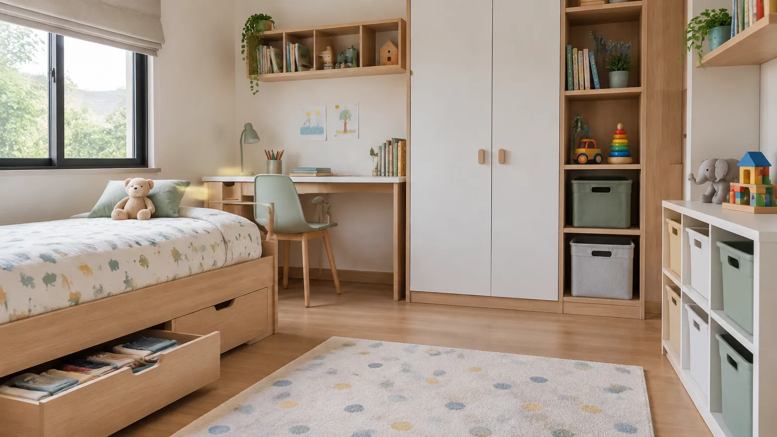 Kamar anak dengan tempat tidur dan lemari penyimpanan