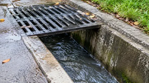 Aliran air melalui saluran drainase terbuka dengan kisi di tepinya