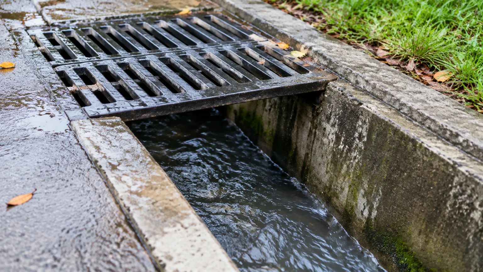 Aliran air melalui saluran drainase terbuka dengan kisi di tepinya