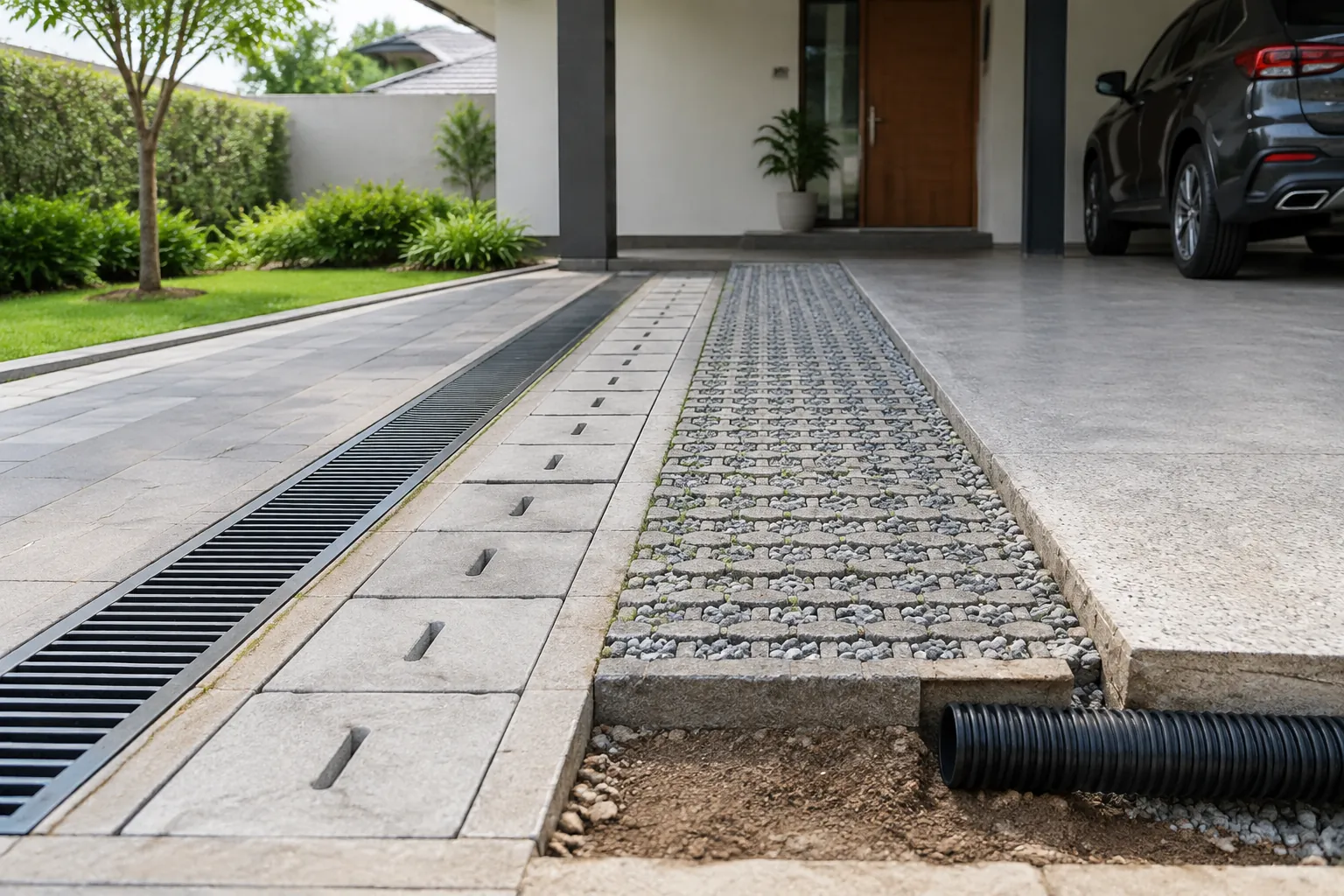 Saluran linear dan pipa drain disiapkan di sisi lantai carport