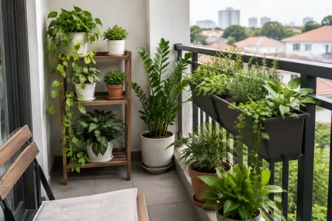 Rak tanaman pada balkon sempit dengan kursi
