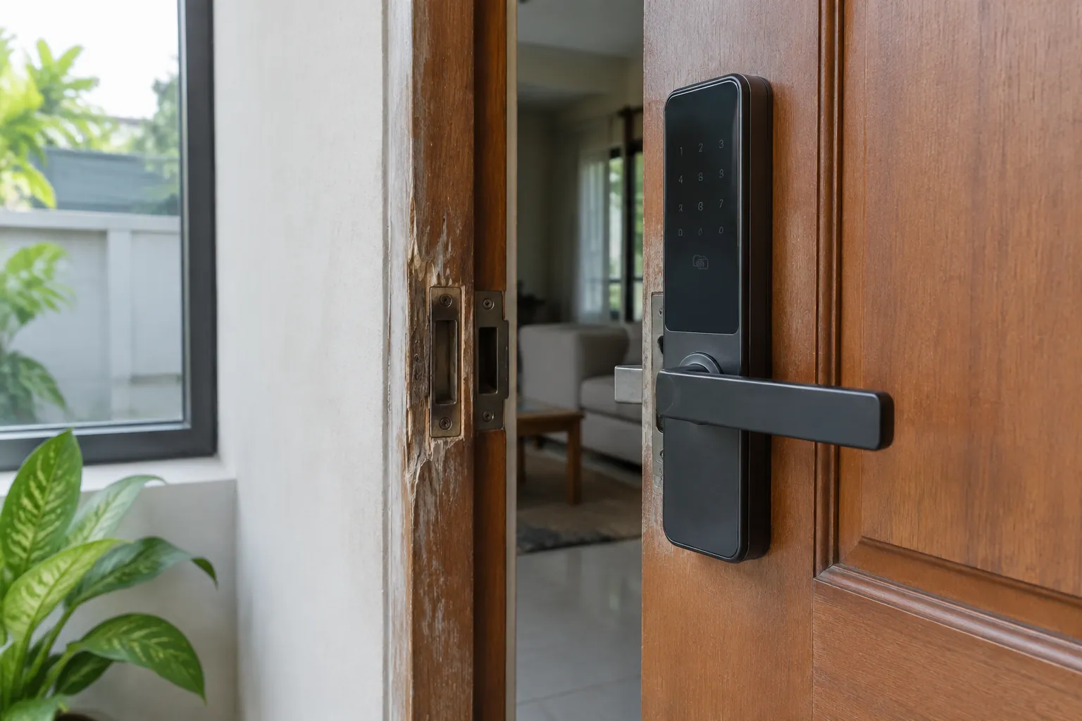 Kusen pintu kayu yang rusak di dekat kunci elektronik