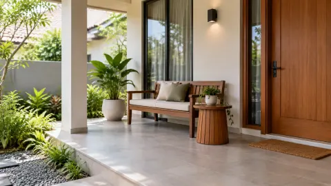 Teras rumah dengan kursi, tanaman, dan pintu masuk