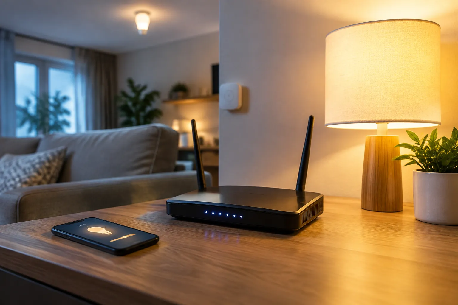 Router dan lampu meja dalam ruang keluarga