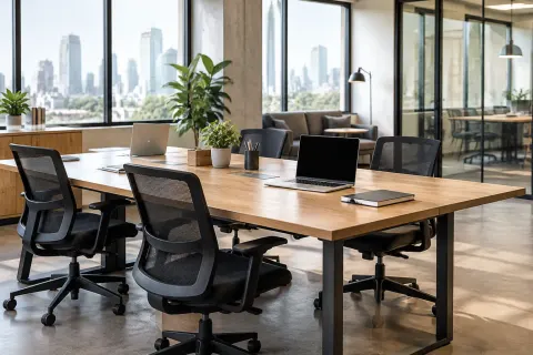 Ruang kerja kantor dengan meja bersama dan jendela besar