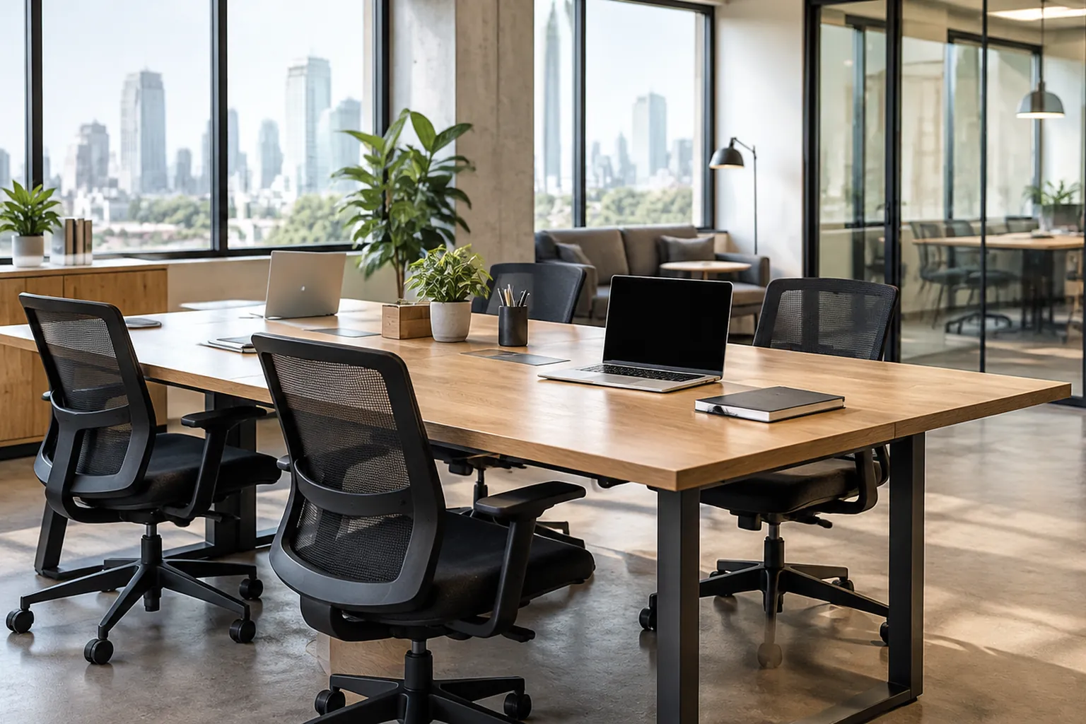 Ruang kerja kantor dengan meja bersama dan jendela besar
