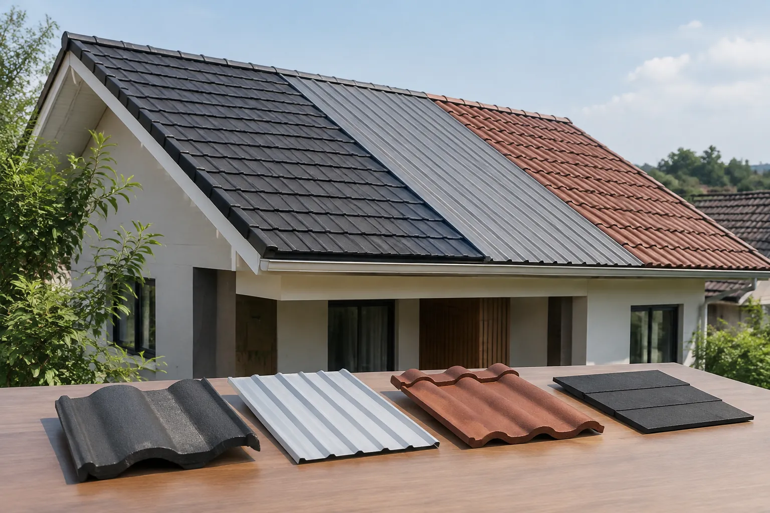 Tiga jenis penutup disusun menjadi satu atap rumah.