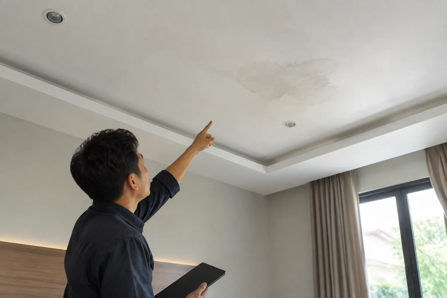 Noda pada plafon ditunjuk saat pemeriksaan ruang