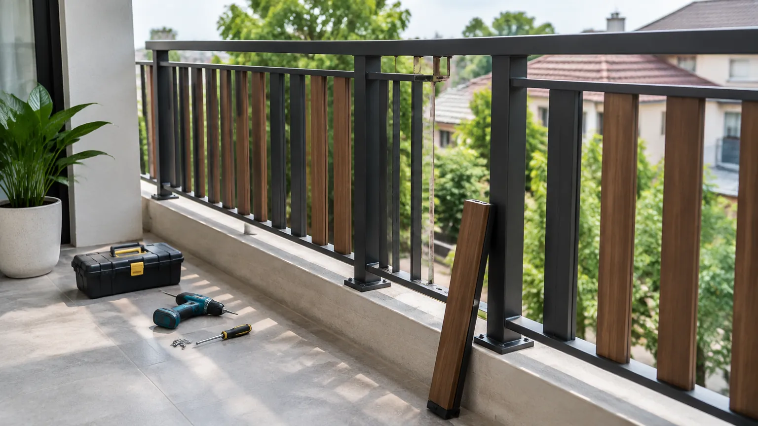 Railing balkon dengan beberapa bilah kayu terlepas dan alat kerja