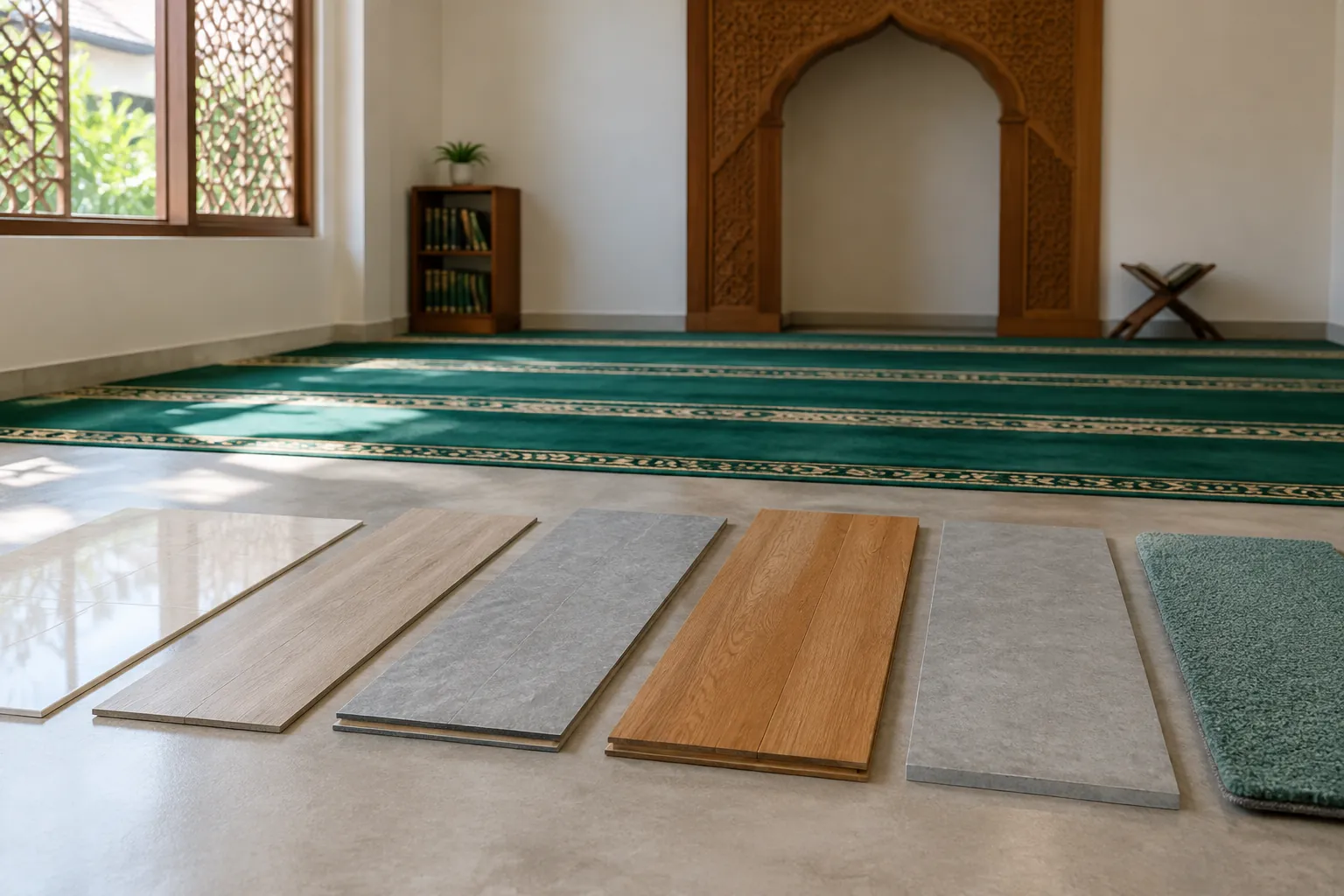 Sampel lantai disusun di depan area salat musala