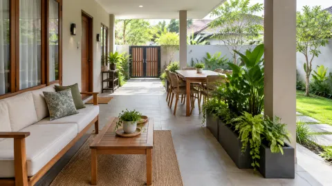 Teras panjang dengan bangku dan area makan di dekat taman