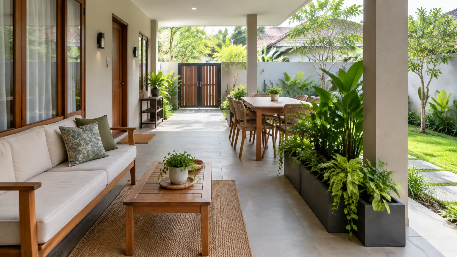 Teras panjang dengan bangku dan area makan di dekat taman
