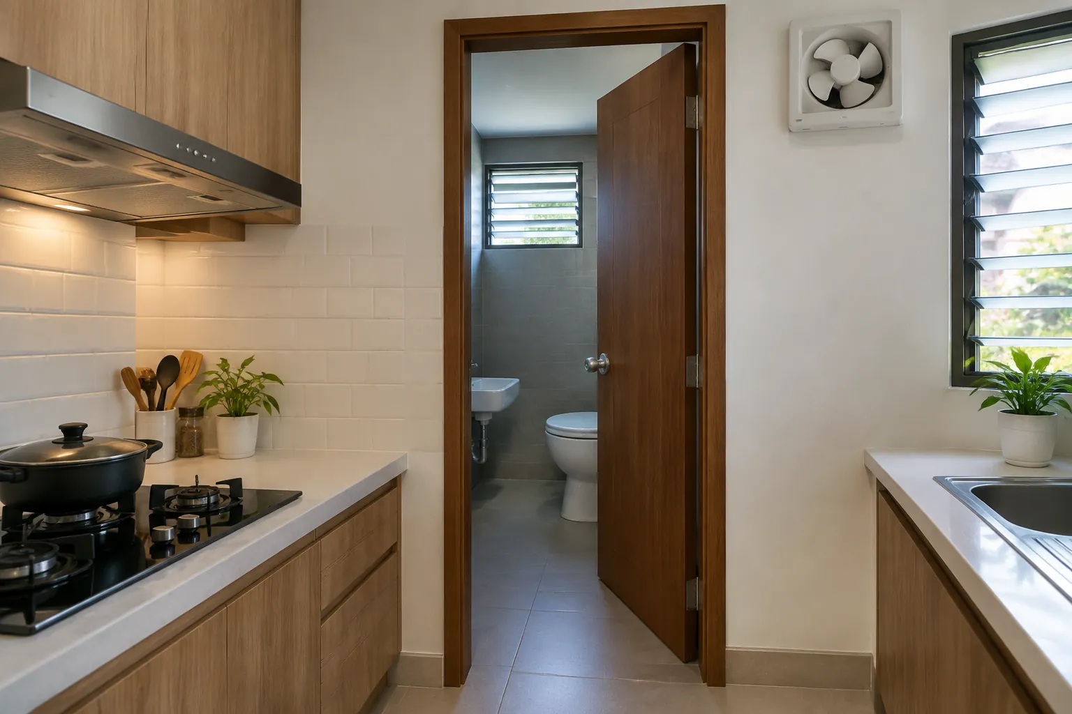 Pintu dekat area dapur dan kamar mandi.
