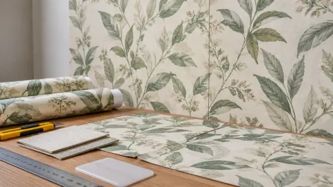 Sampel wallpaper bermotif daun disusun di dekat dinding