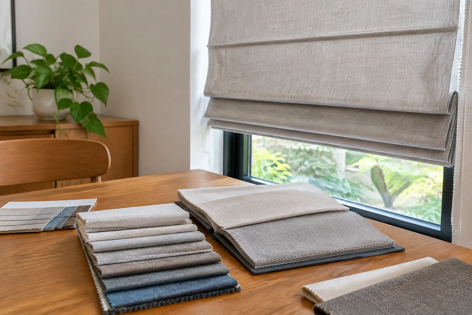 Contoh kain roman blind di meja dekat jendela