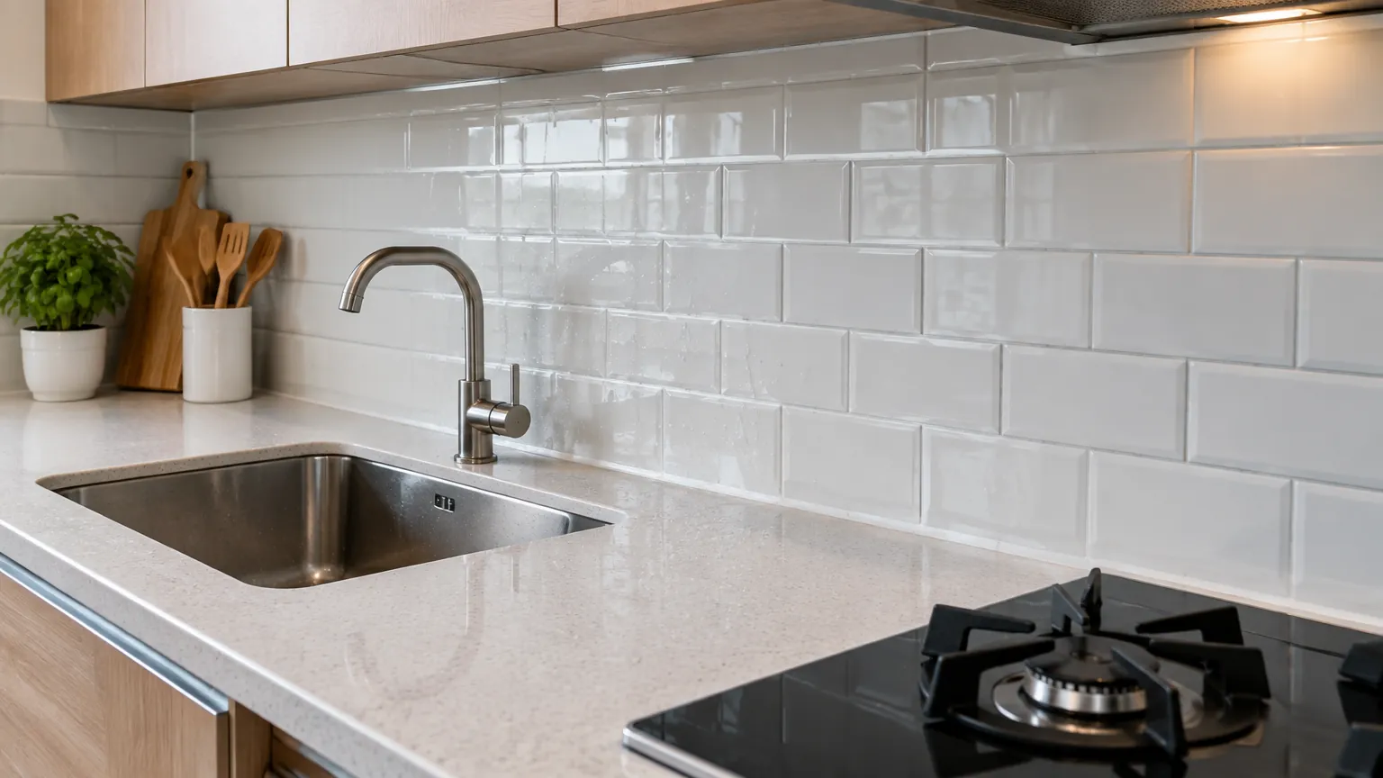 Ubin backsplash putih di belakang wastafel dapur