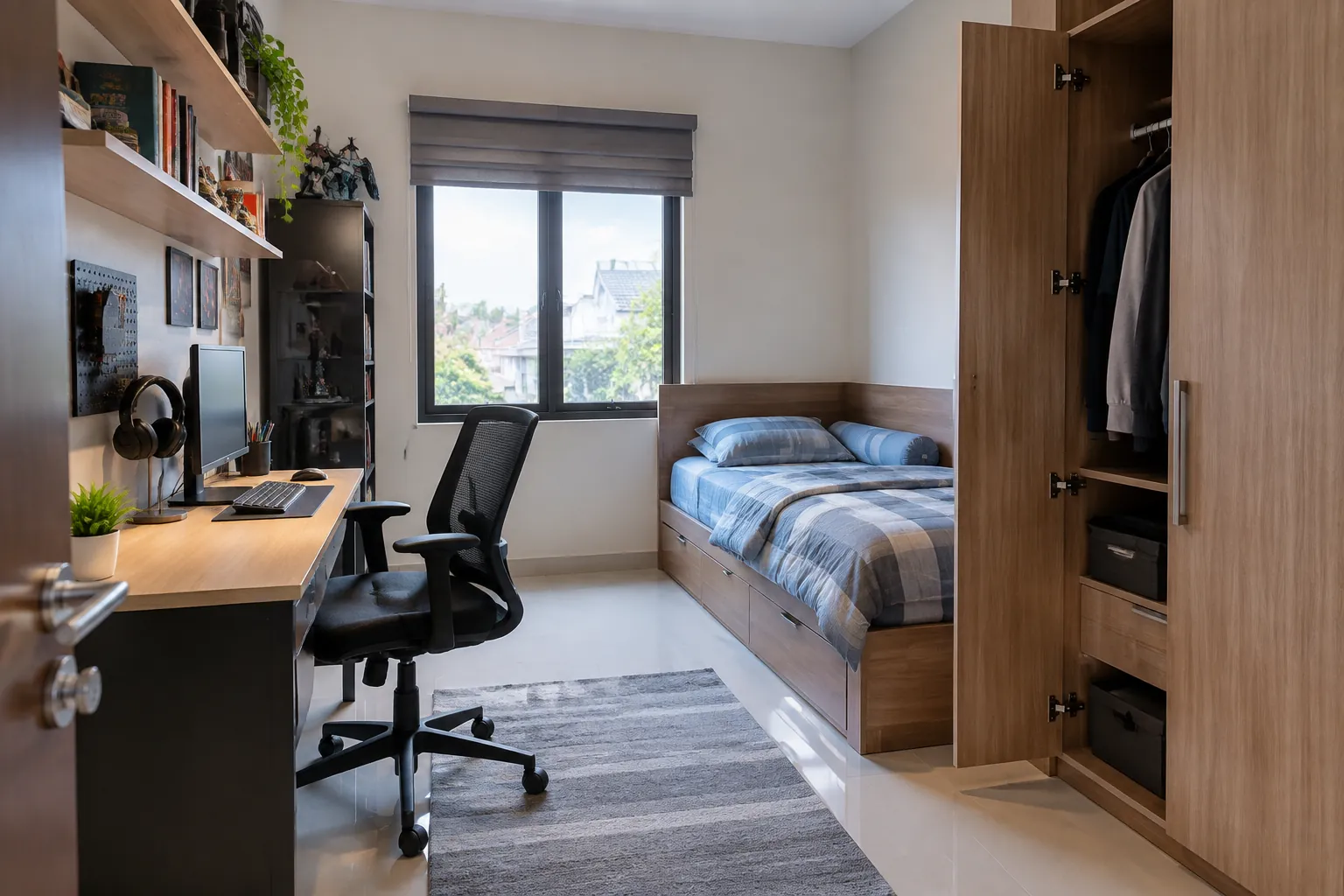 Kamar remaja dengan tempat tidur, meja, dan lemari