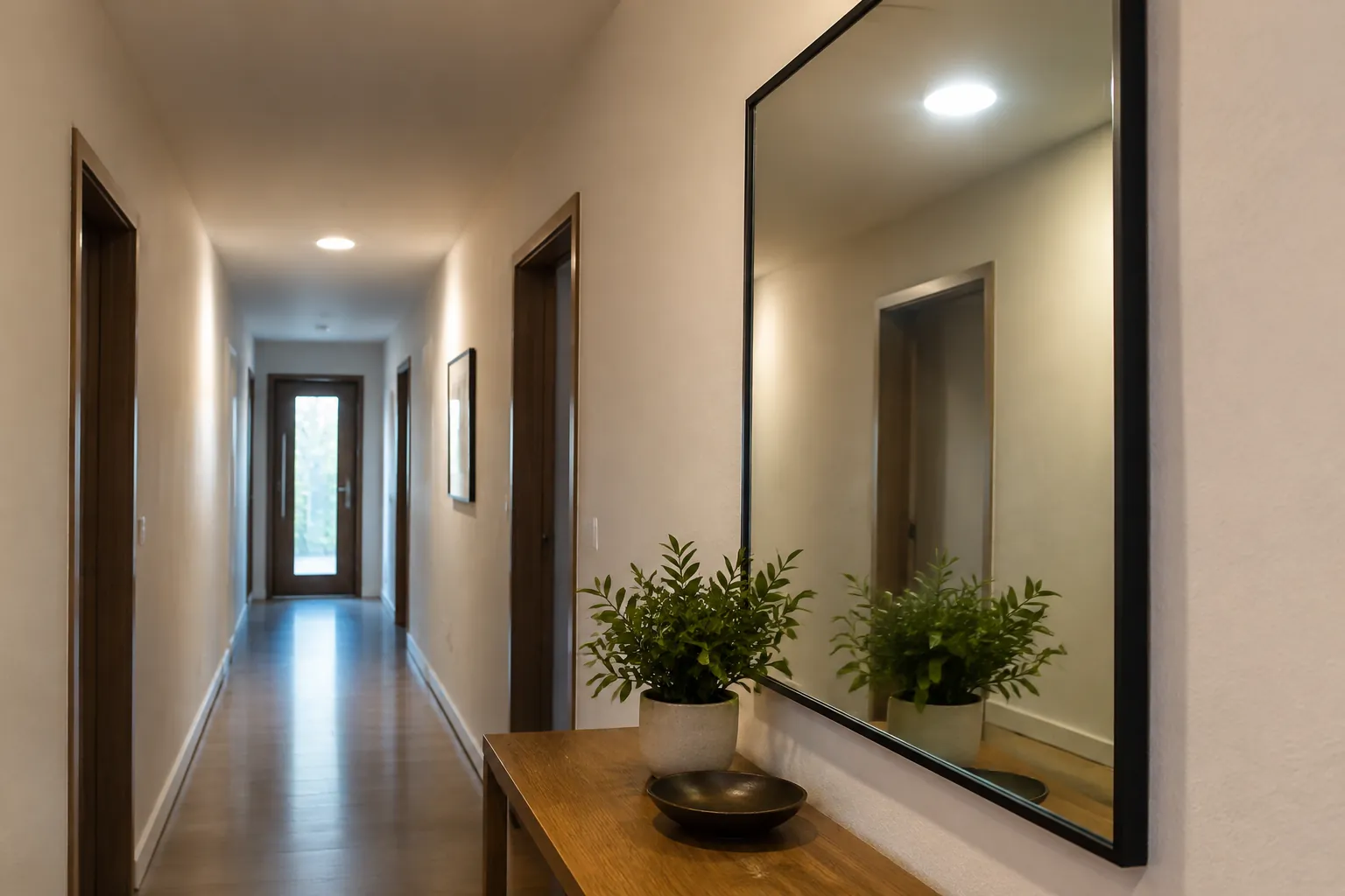 Lorong sempit dengan cermin besar dan lampu plafon