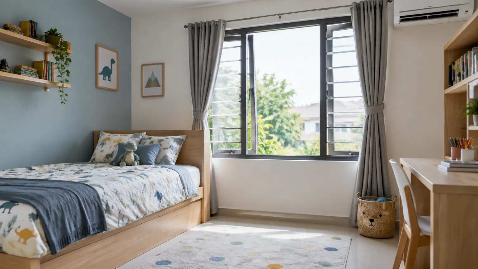 Kamar anak dengan tempat tidur, meja belajar, dan jendela