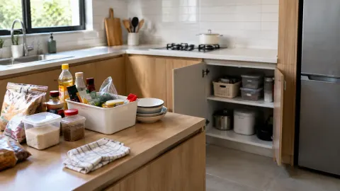 Meja dapur berantakan dengan makanan dan kabinet bawah terbuka