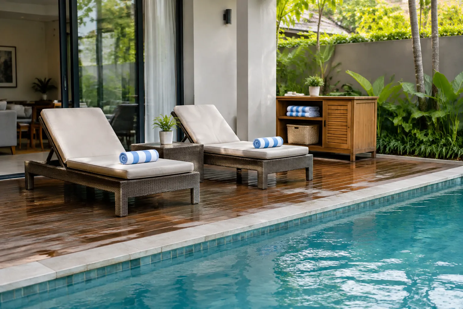 Kursi santai berada pada deck di antara rumah dan kolam