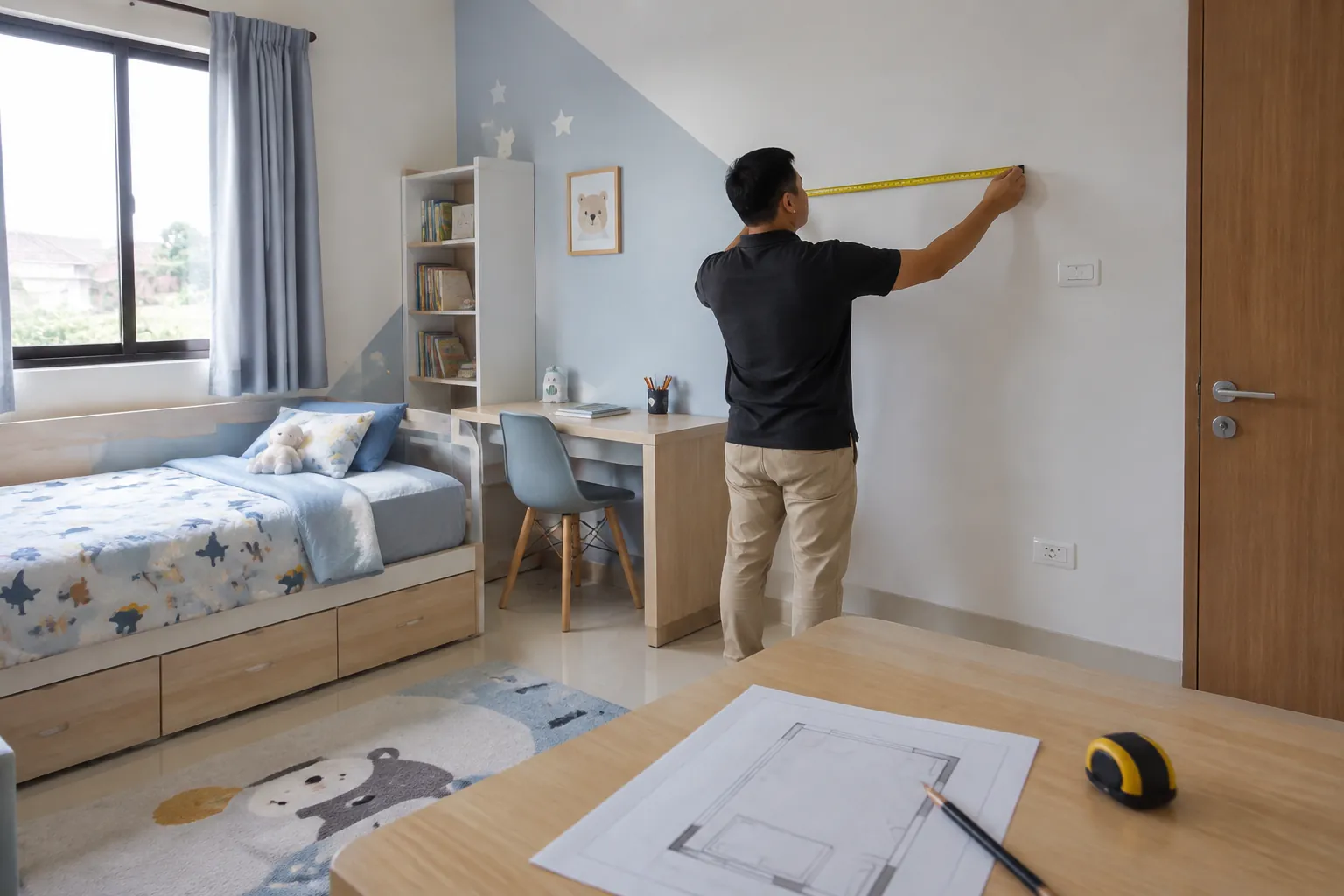 Pekerja memeriksa bidang dinding kamar anak dengan pita ukur