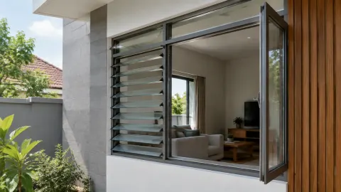 Kisi ventilasi dan jendela terbuka pada fasad rumah