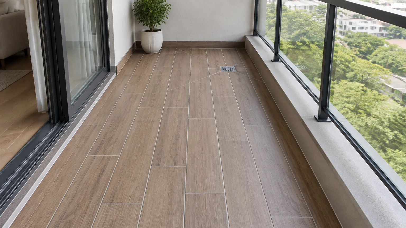 Lantai balkon dengan jalur tepi menuju saluran air