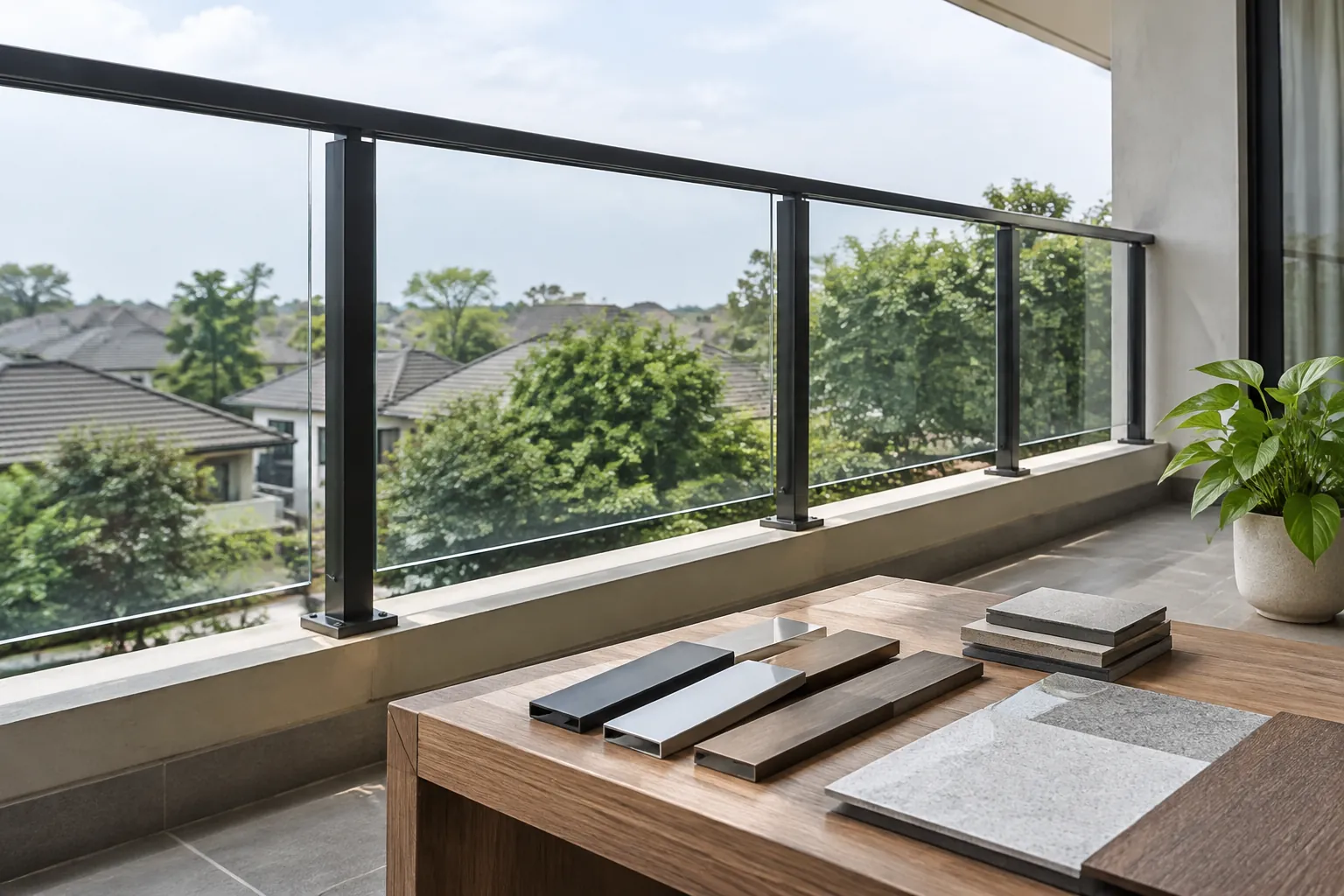 Sampel material diletakkan dekat pagar kaca balkon
