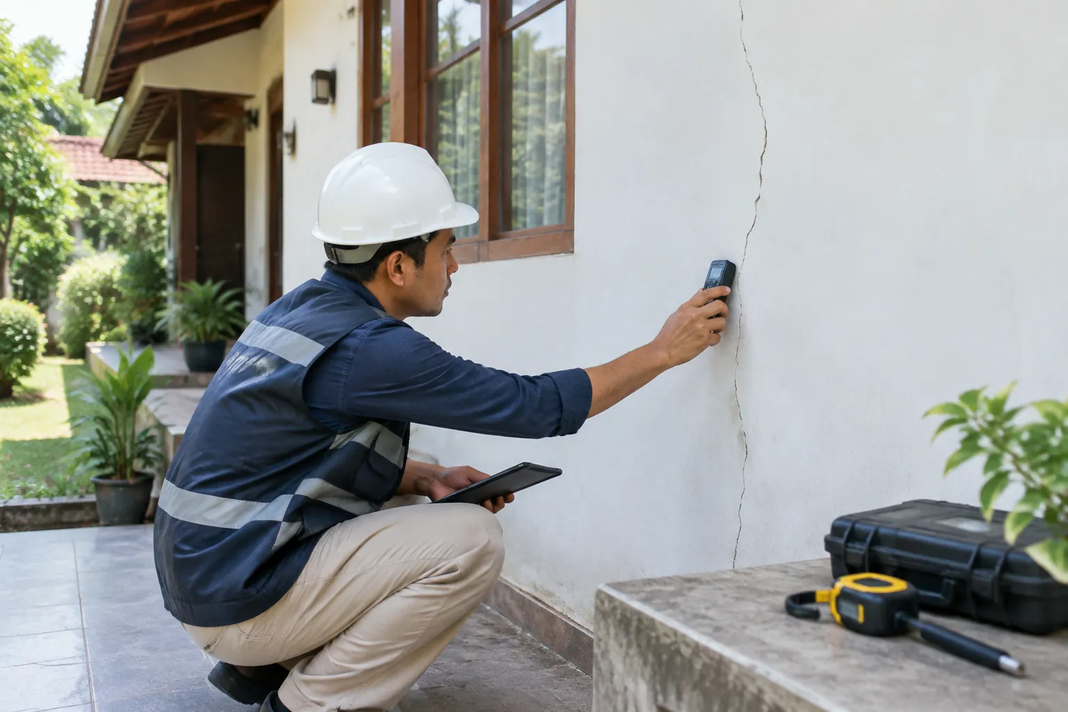 Pekerja memeriksa retakan pada dinding luar rumah