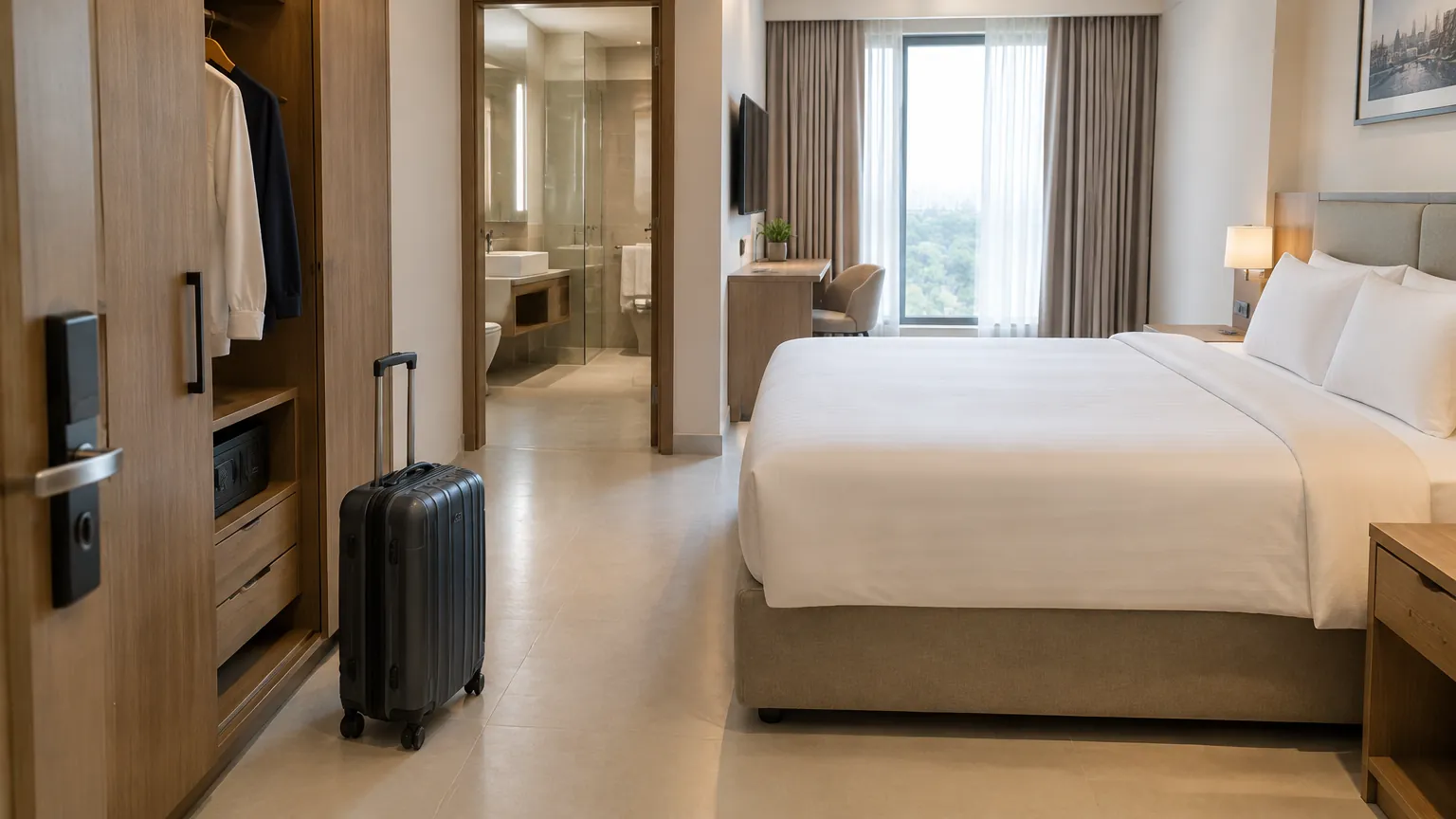 Kamar hotel dengan tempat tidur dan area penyimpanan