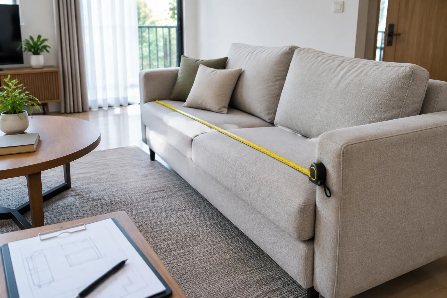 Meteran diletakkan sepanjang dudukan sofa di ruang tamu