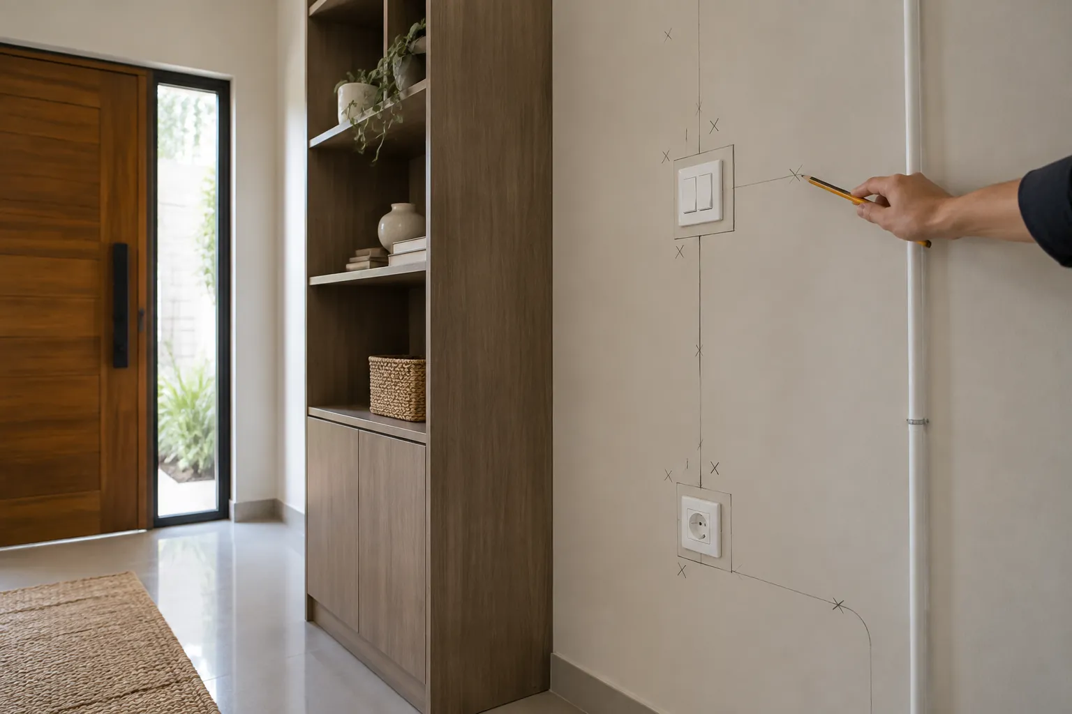 Tangan memeriksa titik dinding di dekat kabinet foyer