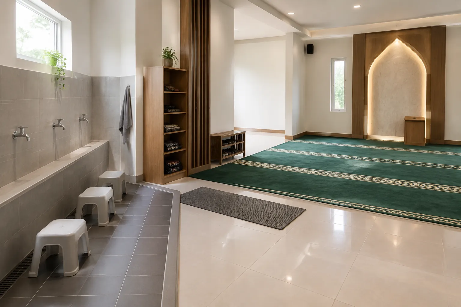 Area wudu dan ruang salat dipisahkan oleh jalur lantai yang terbuka