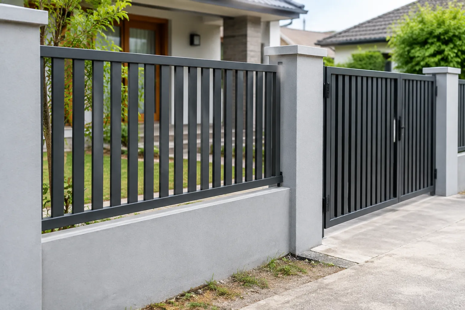 Pagar logam dan gerbang di depan rumah