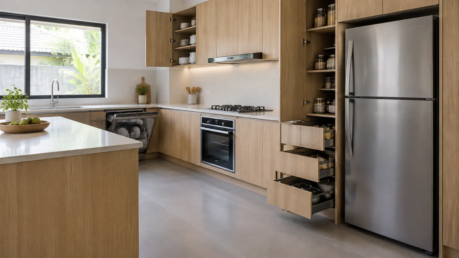 Kabinet dapur dengan rak tarik terbuka di samping kulkas