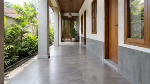 Lorong luar rumah dengan lantai abu-abu dan pintu kayu