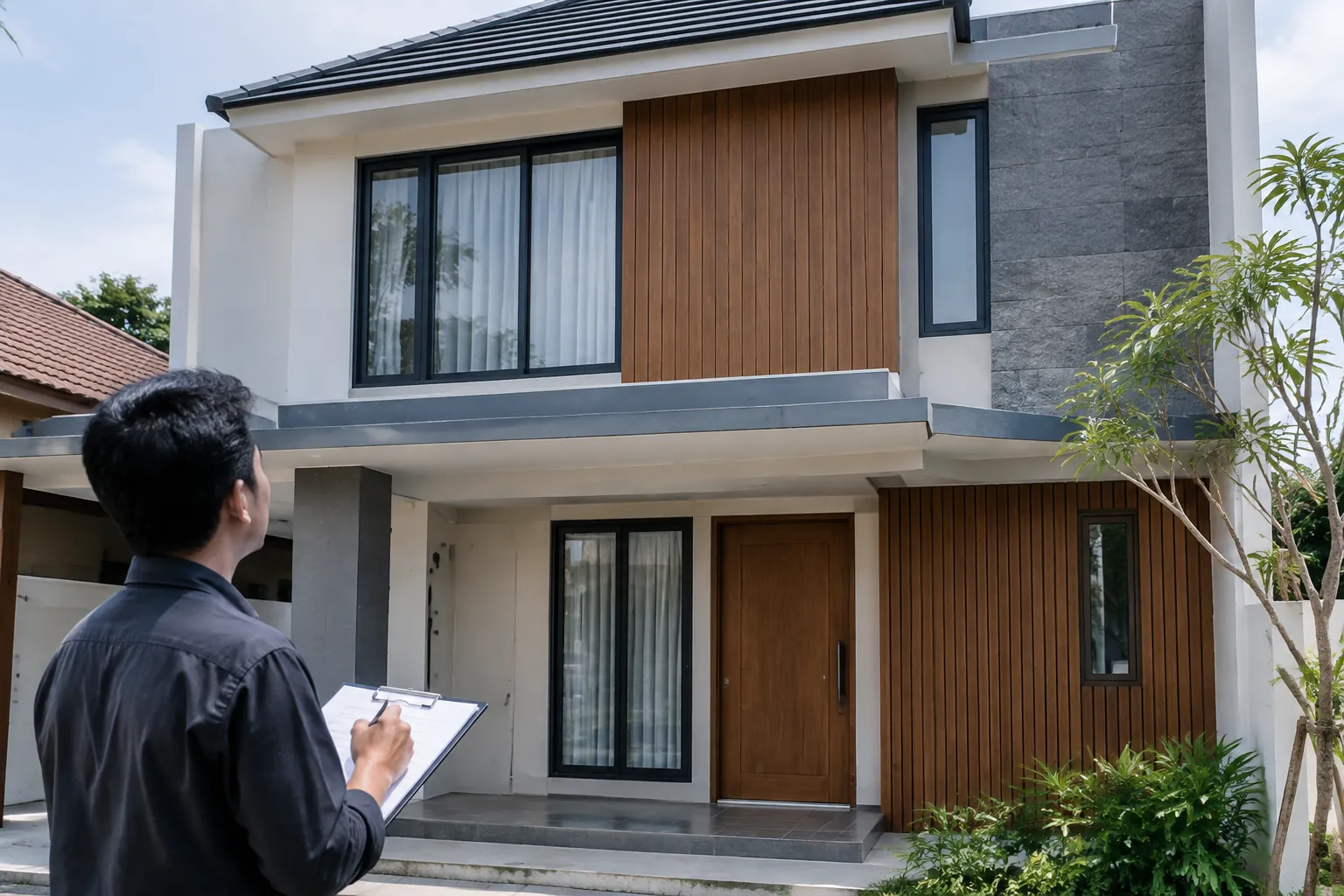 Seseorang mengamati fasad rumah sambil membawa catatan