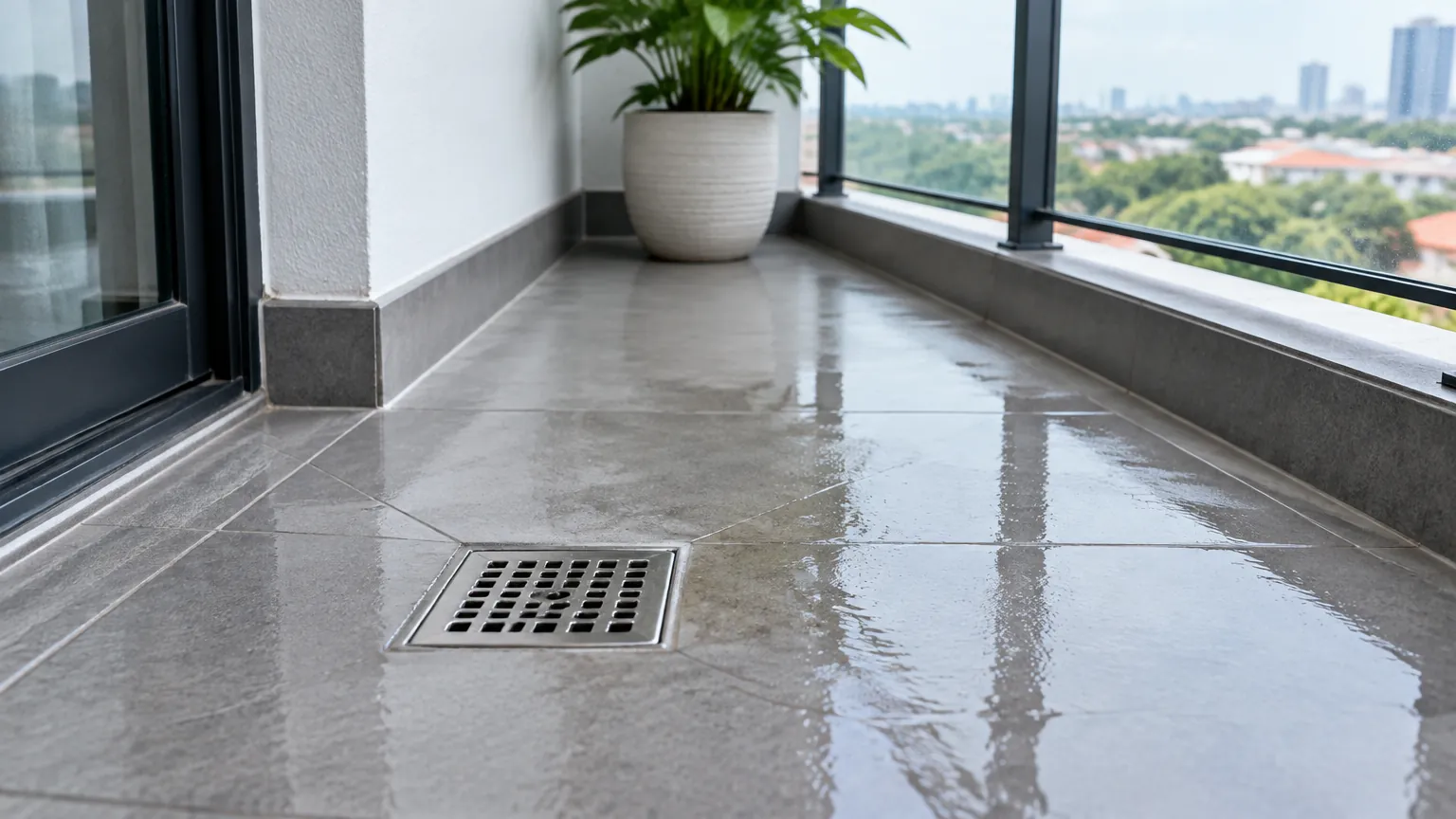 Lantai balkon basah dengan saluran pembuangan