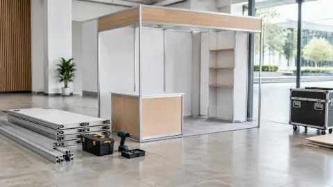 Booth toko bongkar pasang dalam tahap perakitan