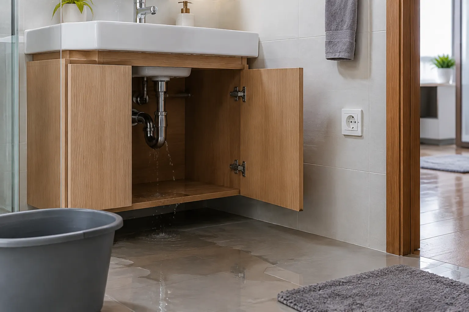 Ember diletakkan dekat kabinet wastafel dengan pipa pembuangan terbuka